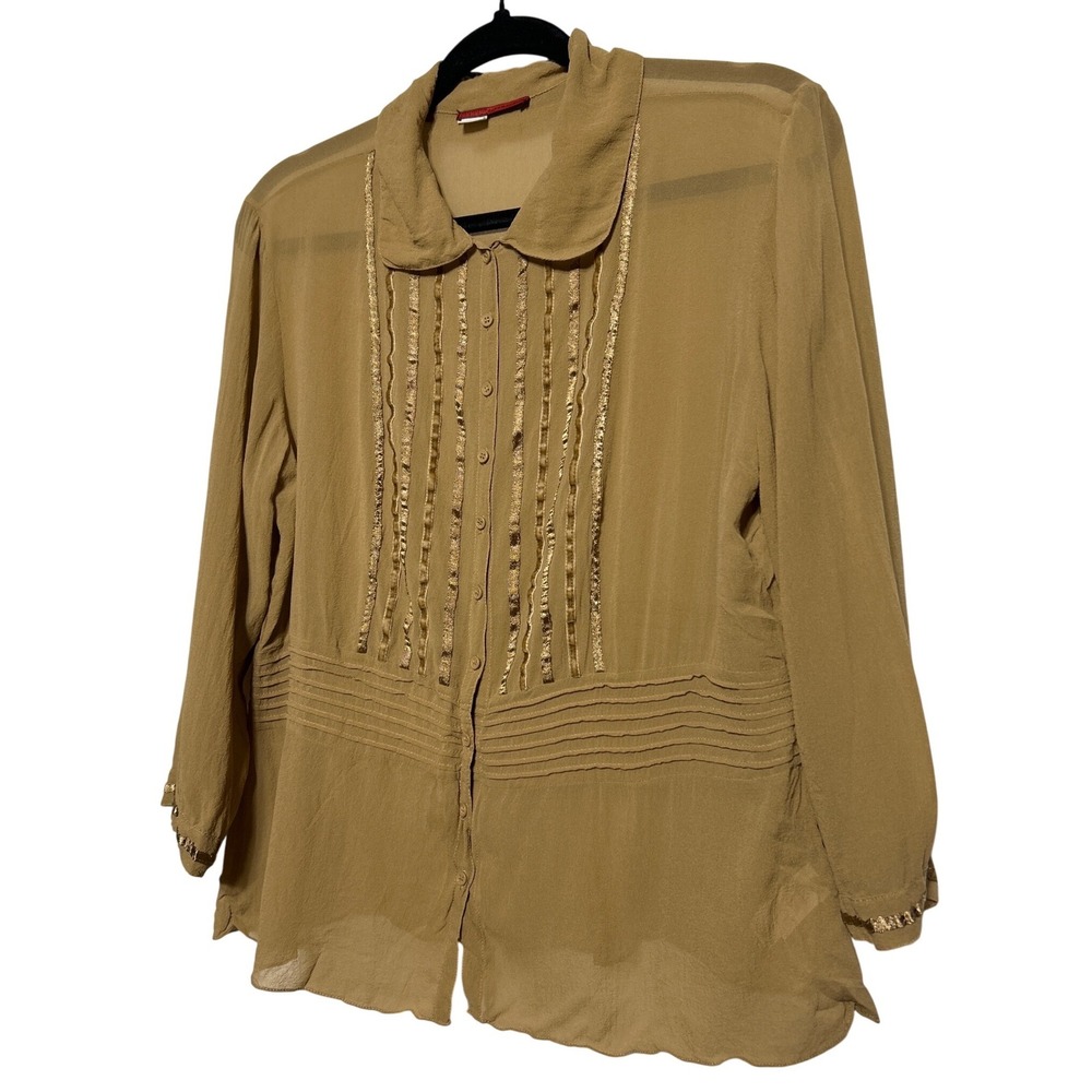 tapemeasure Women's Beige Silk Sheer Embellished Button Up Blouse‎ Top Size 12